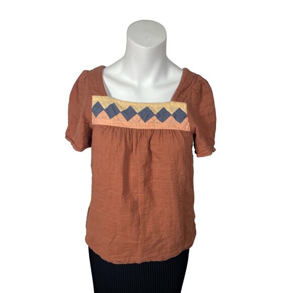 Madewell Top Women's XS Patchwork Square Neck Top Burnt Clay AK024 - Picture 1 of 6